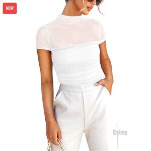 Mock Neck Mesh Bodysuit with Ruched Detail, Recycled Material